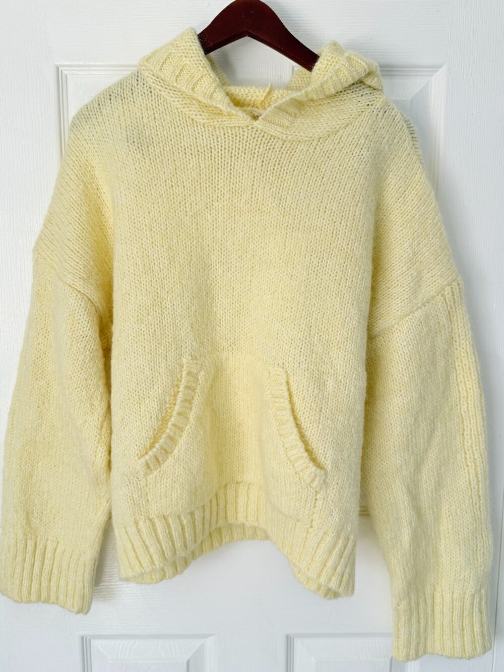 Large Pilcro Butter Yellow Wool-Blend Knitted Hoodie Sweater Kangaroo Pocket